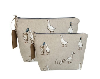Handmade Duck Print Cosmetic Bag: Linen Look Toiletry Bag