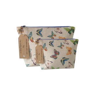 Handmade UK/ Makeup bag/cosmetic bag/toiletry bag/gift for her/Butterfly print/linen look