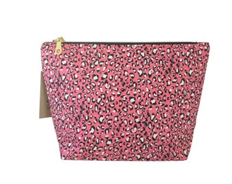 Handmade Pink Leopard Print Makeup Bag: Medium Toiletry Cosmetic Bag