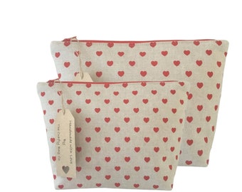 Handmade Red Heart Makeup Bag: Linen Look Cosmetic Bag