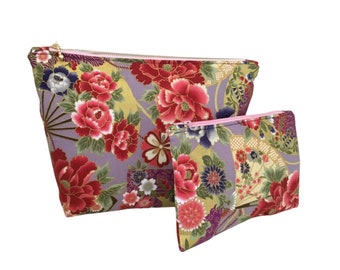 Handmade Oriental Print Makeup Bag Set: Floral Cosmetic Bags