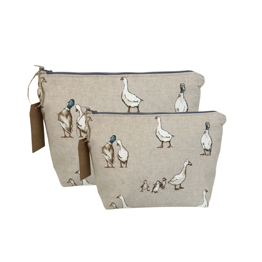 Handmade Duck Print Cosmetic Bag: Linen Look Toiletry Bag