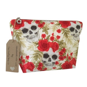 Makeup bag, Valentines gift, toiletry bag, cosmetic bag, gift for her, skulls & red rose print