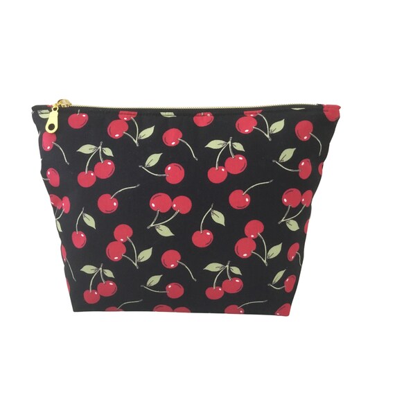 Handmade Cherry Print Cosmetic Bag: Black Cotton Toiletry Bag