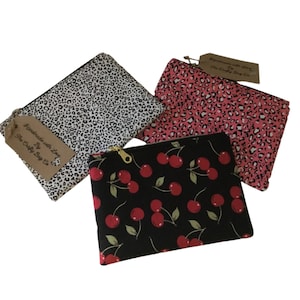 Handmade UK, small makeup bag, cosmetic bag, gift for her, leopard print, cherry print