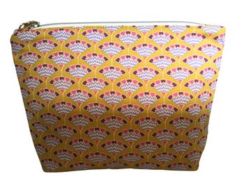 Handmade Ochre Fan Cosmetic Bag: Women's Toiletry Travel Pouch