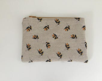 Handmade Small Makeup Bag: Bee Print Cosmetic Pouch