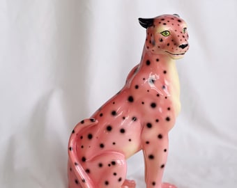 Small Pink Leopard Resin Statue - Mid-Century Inspired - Big Cat Animal Statue - Jaguar Statue