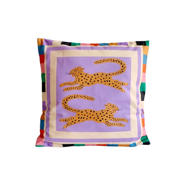 Colourful Lilac Leaping Leopard Cushion Cover - Big Cat Cushion - Bright and Bold Decor