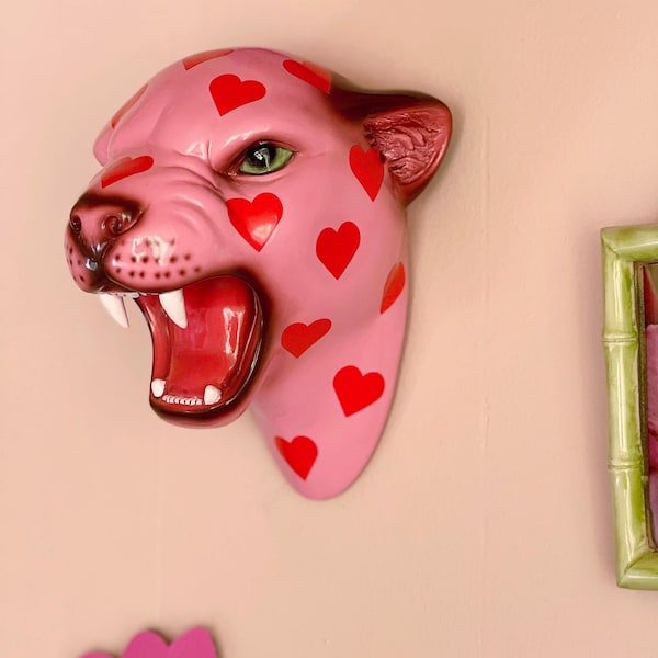 Pink and Red Heart Leopard Wall Mounted Head - Resin Big Cat Wall Decor