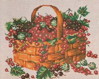 Black Red Currant Berries Basket Stamped Needlepoint Pre-Stamped Cross Stitch Embroidery