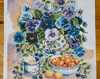 Pansy Apricot Prestamped Needlepoint Flowers Stamped Cross Stitch Blue Flowers Embroidery Design