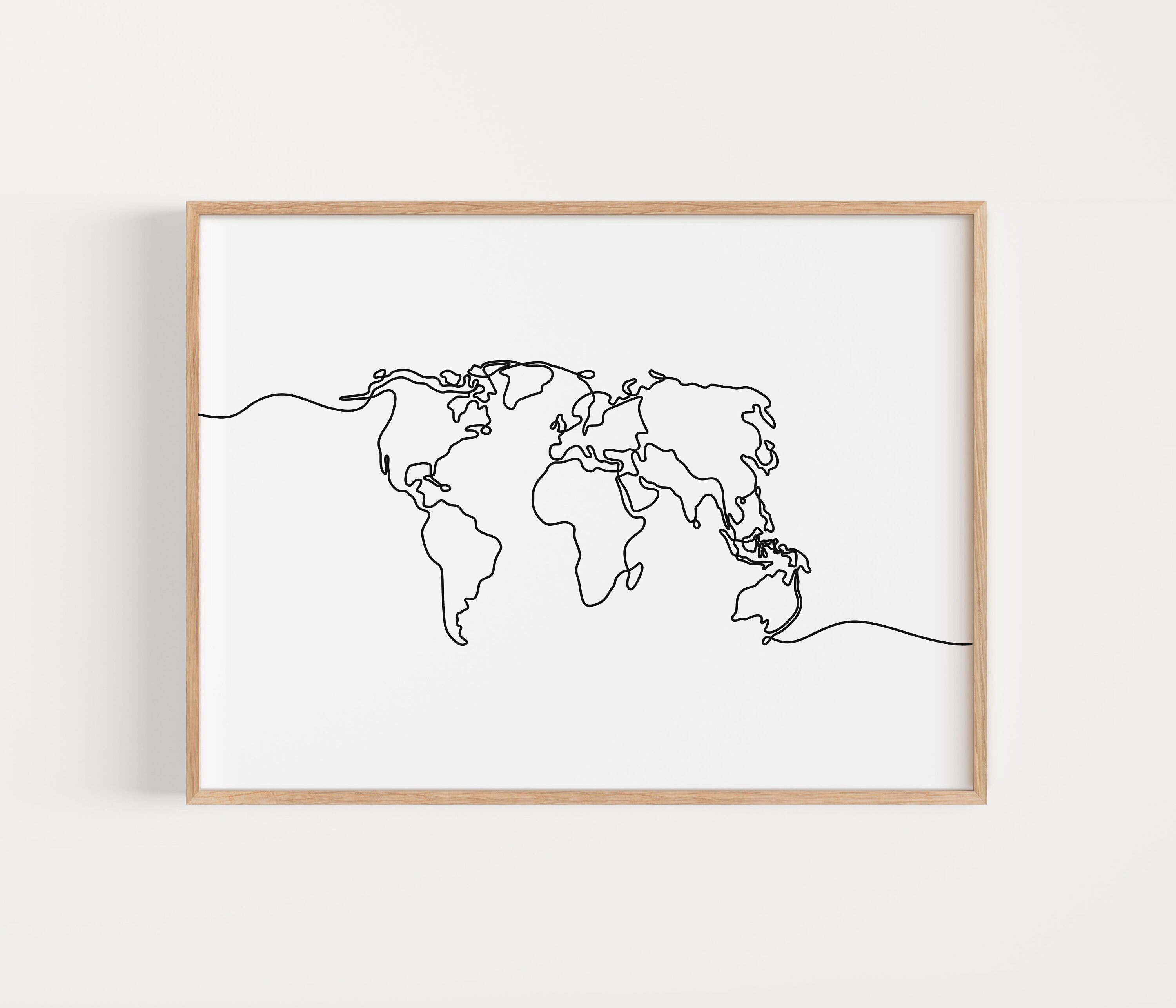 world map one line art black and white travel line art etsy