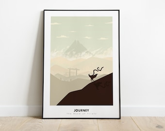 May include: A minimalist poster with a brown silhouette of a figure walking on a hill towards a mountain peak. The sky is a light green with white clouds. The text "JOURNEY The Road of Trials" is at the bottom of the poster.