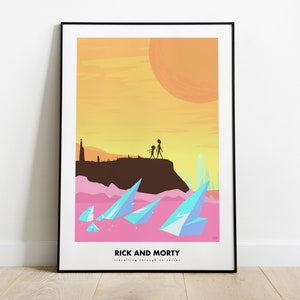 May include: A minimalist poster featuring a silhouette of Rick and Morty standing on a cliff overlooking a pink and blue landscape with the text "Rick and Morty" and "Travelling through dimensions" below.