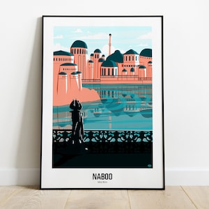 May include: A framed poster with a colorful illustration of a city with buildings and a lake. The city is pink and the lake is blue and green. The text "NABOO" and "Midi Kim" is at the bottom of the poster.
