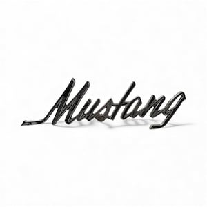 May include: A glossy black "Mustang" emblem in a cursive font, set against a white background. The emblem has a reflective surface, creating highlights and shadows. The design is a classic automotive logo.