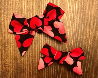 Valentine's pink and red heart on black fabric bow headband / clip