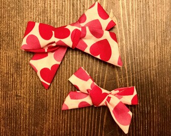 Valentine's pink and red heart on white fabric bow headband / clip