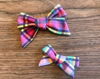 Spring plaid (dark) fabric bow headband / clip / hair accessory