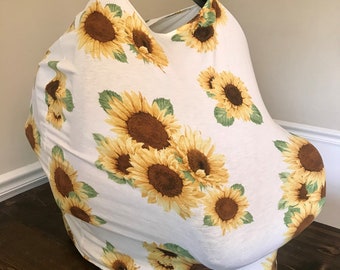 nursing cover breastfeeding cover highchair cover Floral on mustard striped cotton knit multi use car seat cover shopping cart cover