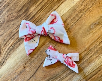 Pink and white Flamingo fabric bow headband / clip / hair accessory