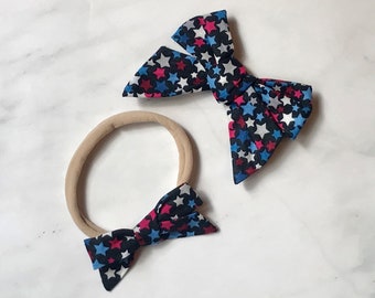 Navy - Red, White and Blue star fabric bow headband / clip - colorful dot bow / polka dot bow / hair accessory