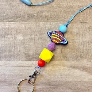 Planet silicone bead lanyard and keychain / badge holder / teacher lanyard / ID holder / breakaway lanyard / Saturn / solar system lanyard