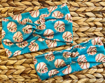 Teal floral baseball knotted headband / sport headband / boho headband / knit fabric headband / hair accessory / baseball / floral