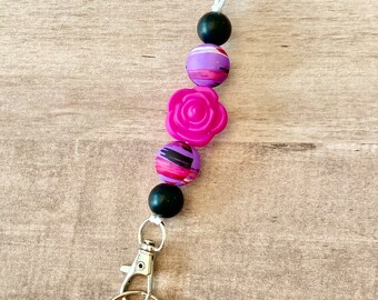 Pink flower silicone bead lanyard keychain / badge holder / teacher lanyard / ID holder / breakaway lanyard /  Spring / floral / rose
