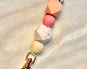 Pink and terrazzo silicone and wood bead lanyard and keychain / badge holder / teacher lanyard / ID holder / breakaway lanyard