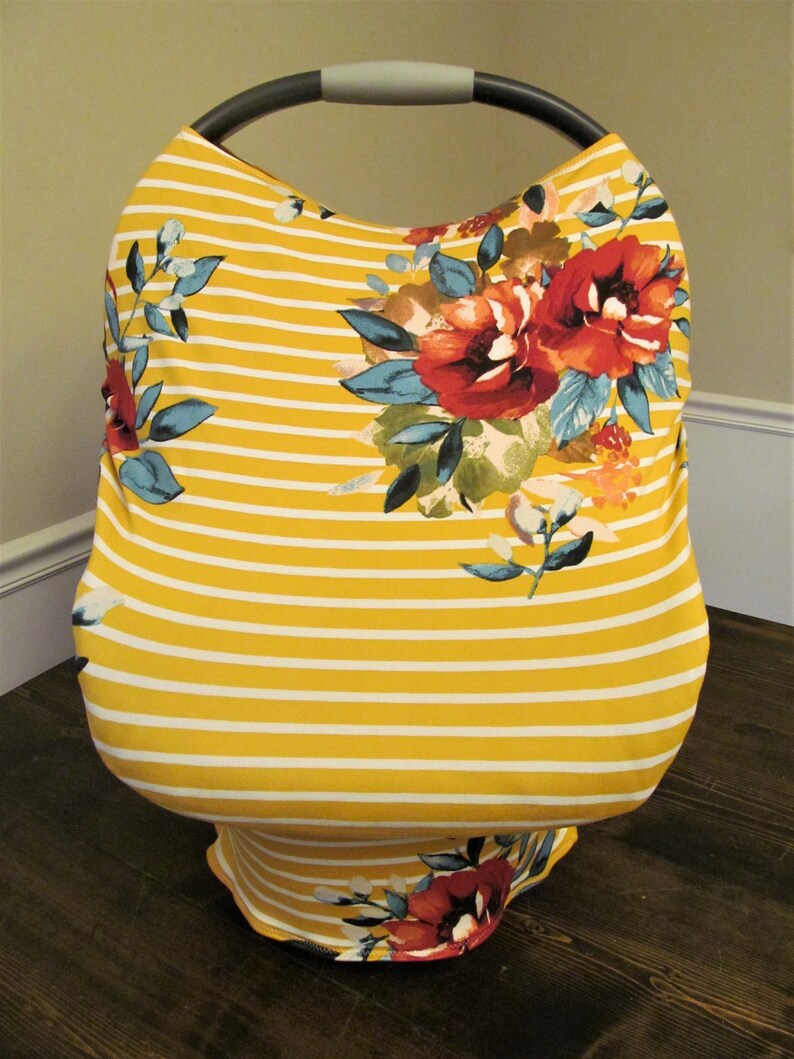 nursing cover  breastfeeding cover highchair cover Floral on mustard striped cotton knit multi use car seat cover shopping cart cover