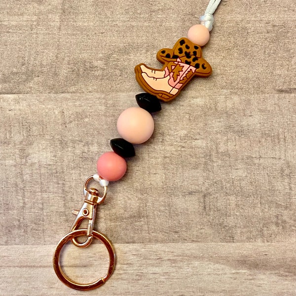 Animal print cowboy bootS and hat silicone bead lanyard and keychain / badge holder / teacher lanyard / ID holder / breakaway lanyard