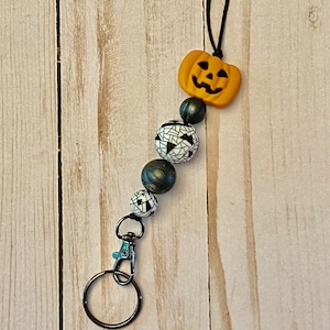 Jack o lantern metallic silicone bead lanyard and keychain / badge holder / teacher lanyard / ID holder / breakaway lanyard / fall lanyard