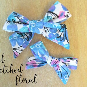 Teal sketched floral fabric bow headband / clip