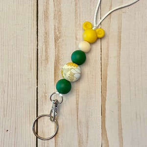 Yellow, green and floral mouse ears silicone bead lanyard keychain / badge holder / teacher lanyard / ID holder / breakaway lanyard / floral
