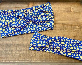 Blue and yellow leopard print knotted headband / awareness headband / boho headband / knit fabric headband / hair accessory / Down syndrome