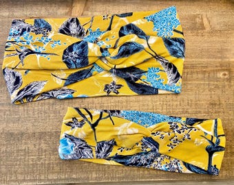 Mustard and blue floral knotted headband / heartbeat / boho headband / knit fabric headband / hair accessory/ floral / spring / summer