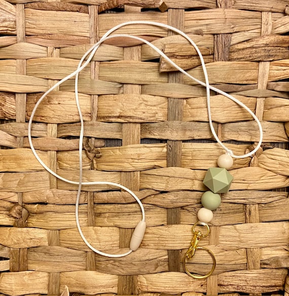 Sage Green and Beige Silicone Bead Lanyard and Keychain / Badge