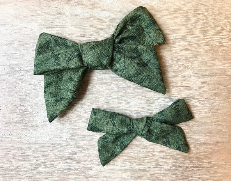 Olive Green Leaf fabric bow headband clip
