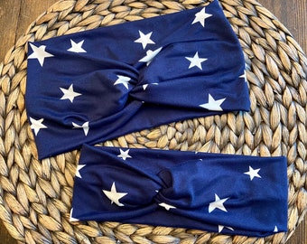 Navy with white starts knotted headband / star headband / boho headband / knit fabric headband / hair accessory / stars / 4th of july