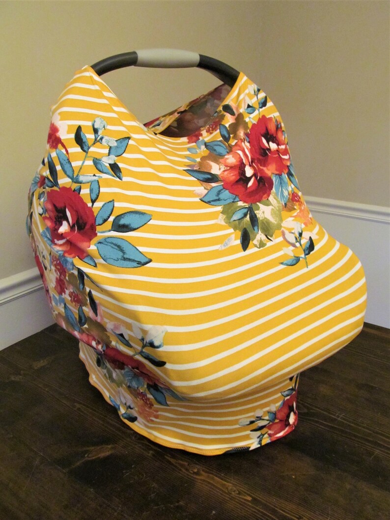 nursing cover breastfeeding cover highchair cover Floral on mustard striped cotton knit multi use car seat cover shopping cart cover