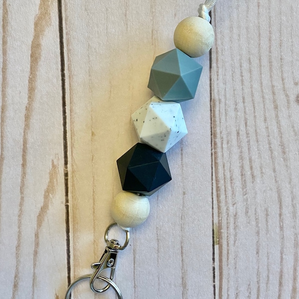 Speckled white, black and gray silicone and wood bead lanyard and keychain / badge holder / teacher lanyard / ID holder / breakaway lanyard