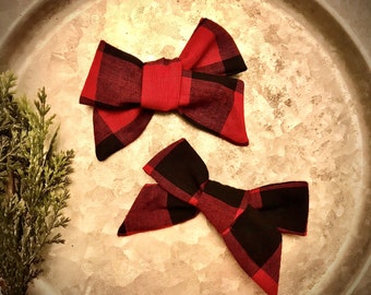 Red and Black buffalo plaid fabric bow headband / clip