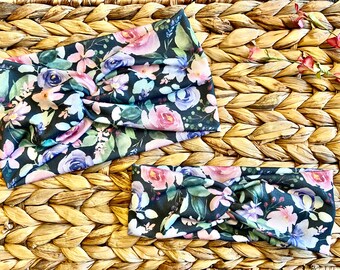 Pastel floral on black knotted headband / heartbeat / boho headband / knit fabric headband / hair accessory/ floral / spring / summer