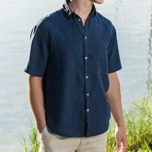 Men&#39;s linen button up shirt with short sleeves, front side pocket and a collar &#39;FELIX, Men&#39;s loose fit linen shirt, everyday linen shirt
