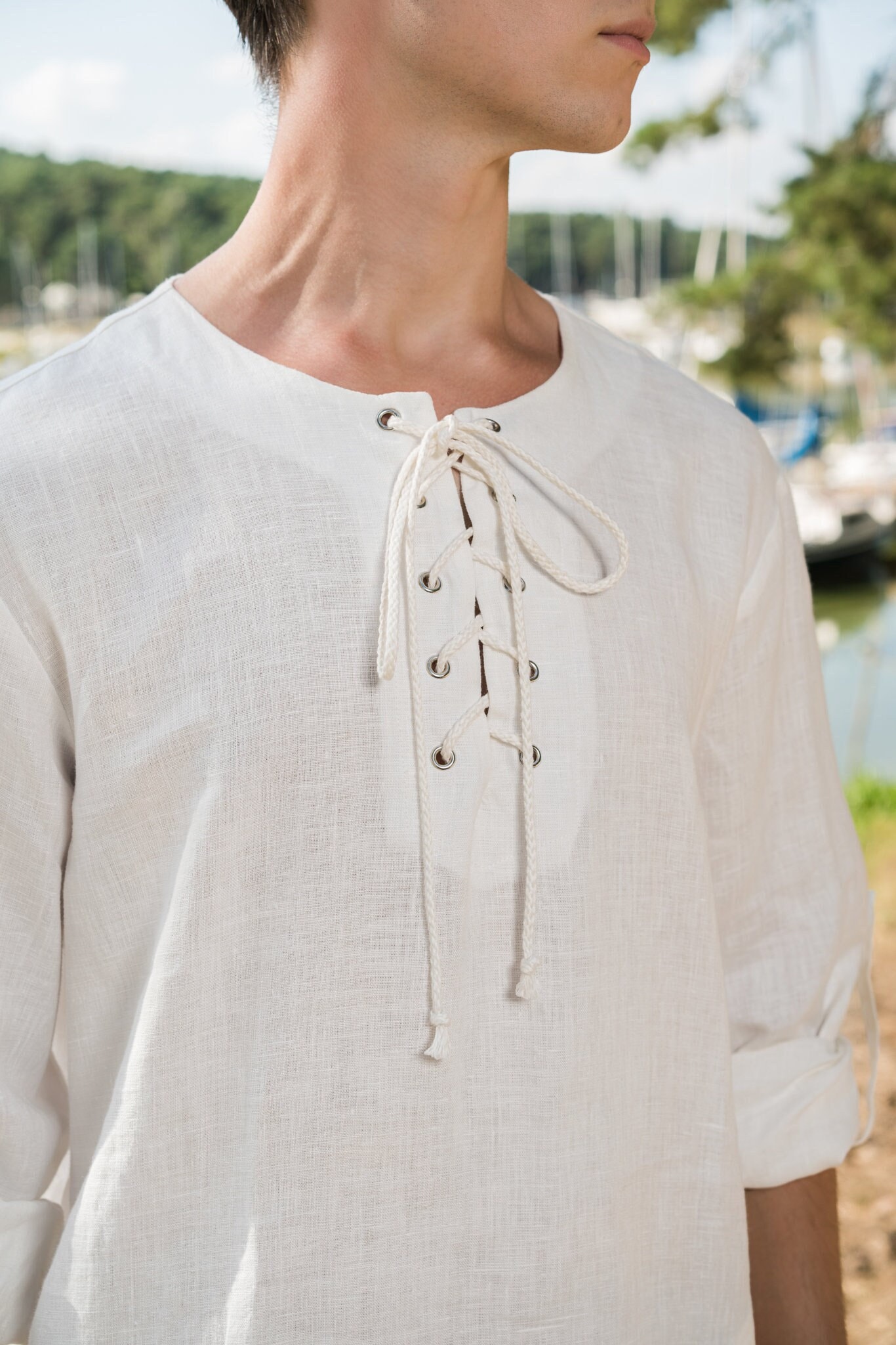 Linen Shirt for Men - Mantas, Men's Long Sleeve Lace-up