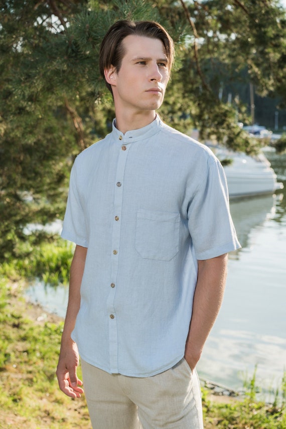 Men's Short Sleeve Button Up Linen Shirt with Pocket On Chest, Casual, Formal Linen Shirt for Men - Ron