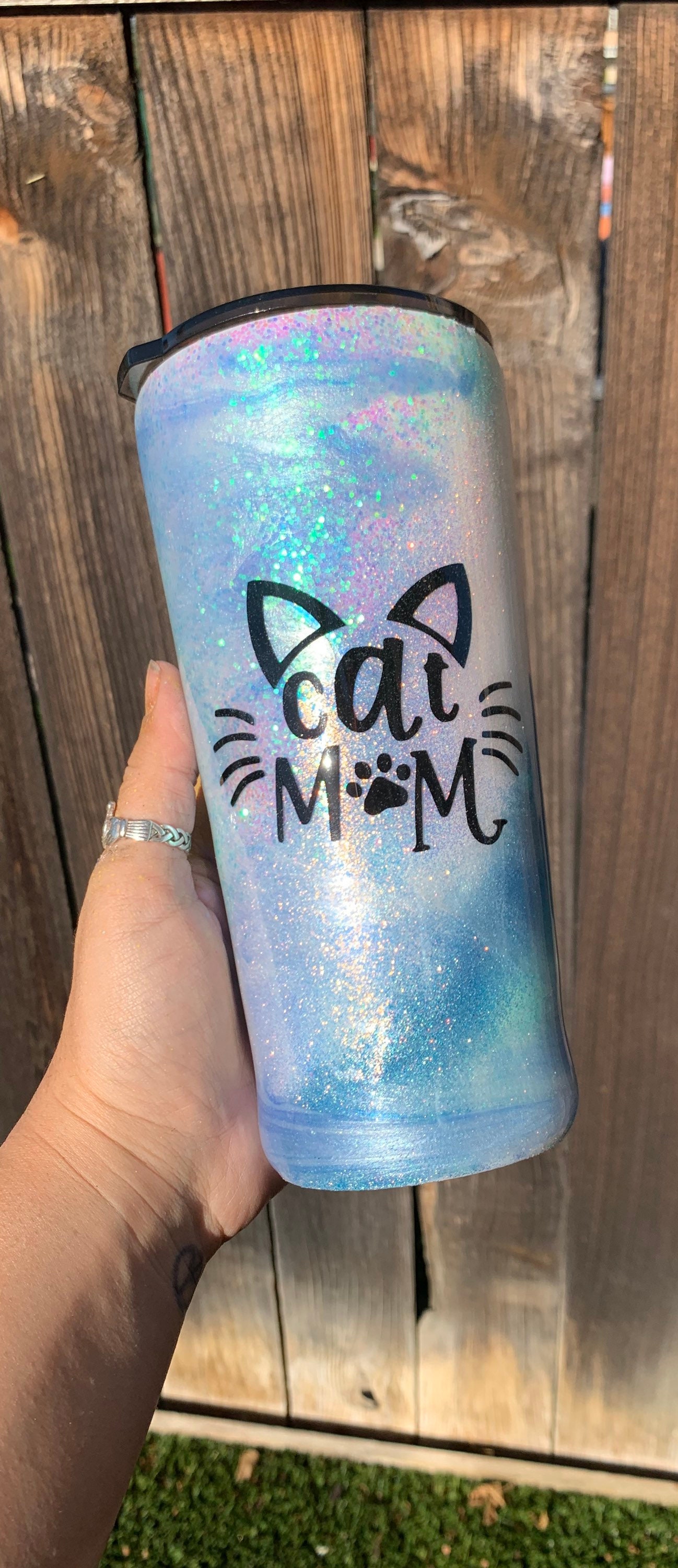 Custom Blue Marble Cat  Mom  Glitter Stainless Steel Epoxy  