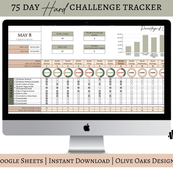 Feuille de calcul Hard Tracker de 75 jours | Planificateur | Feuilles Google | Suivi d'entraînement | Suivi de la santé | Suivi de la condition physique | Objectifs du Nouvel An | Journal